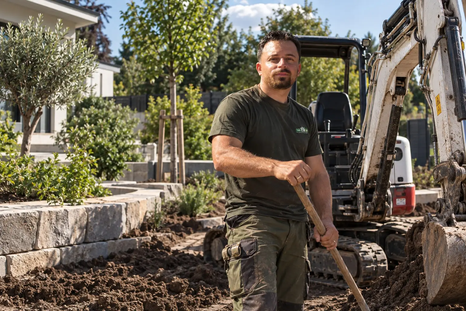 Anthony Joseph, Inhaber von Galabau Joseph, auf einer Gartenbaustelle